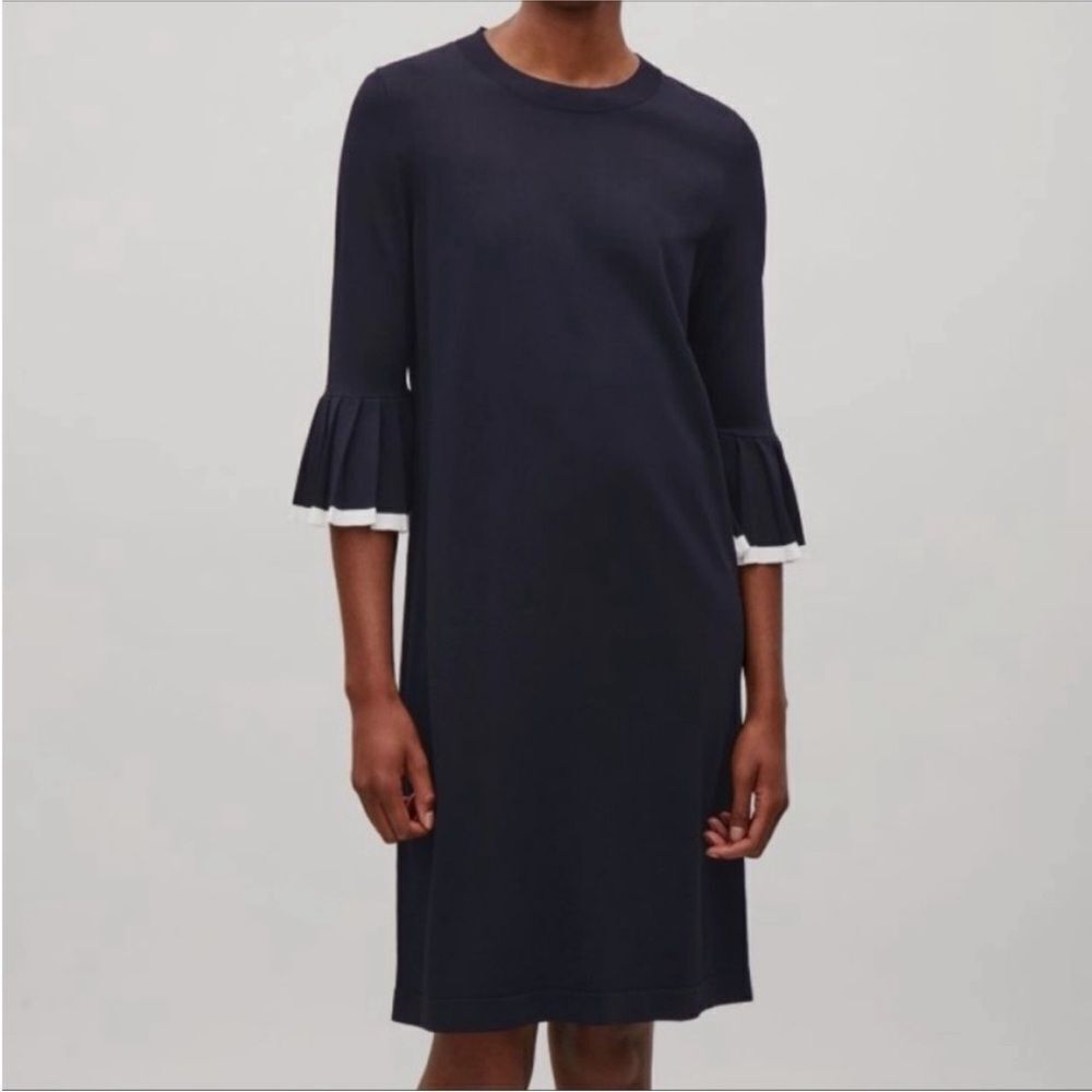 COS Pleated Sleeves Knitted Dress In Deep Navy Blue Size M